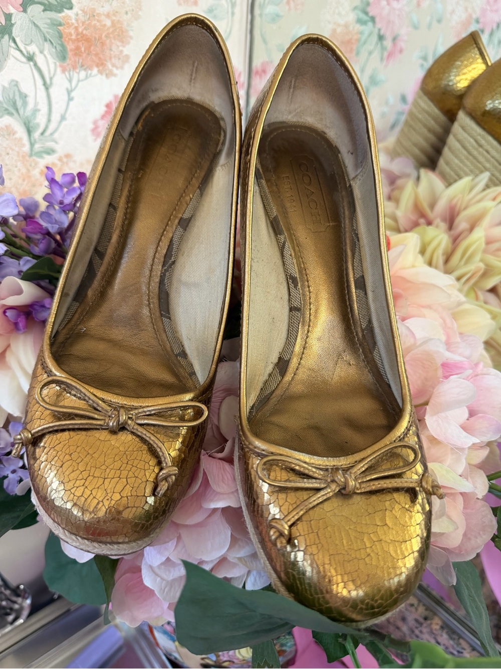 Coach Metallic Gold Leather Ballet Flats with Bow